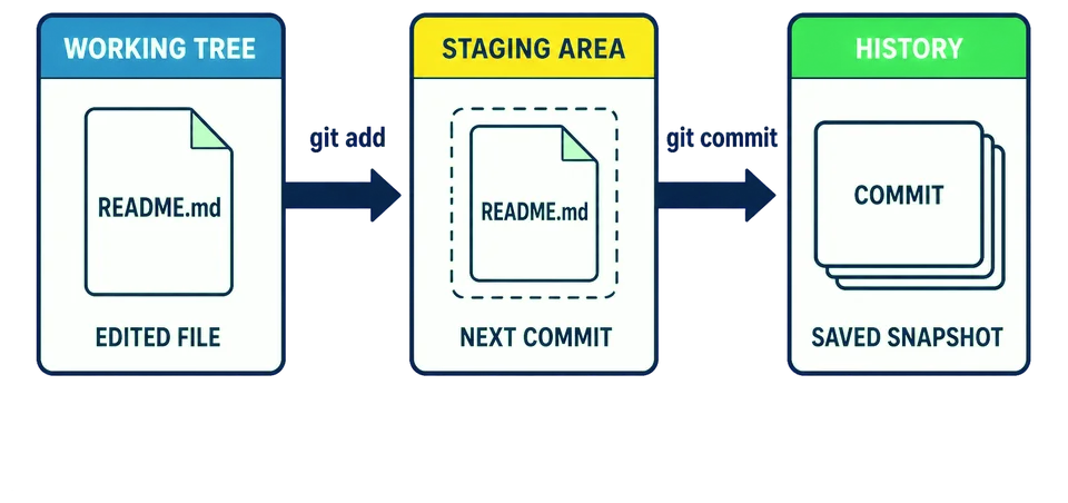 An edited README.md remains in the working tree; git add copies its current contents into the staging area, and git commit records that staged snapshot in history.