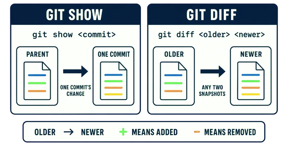 Git show compares one commit with its parent, while git diff compares any older and newer snapshots in a chosen direction; plus lines are added and minus lines are removed.
