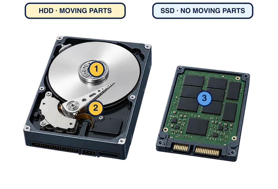 Eine geöffnete HDD hat eine Magnetscheibe und einen Lese-/Schreibarm. Eine geöffnete SSD hat Speicherchips und keinen beweglichen Mechanismus.