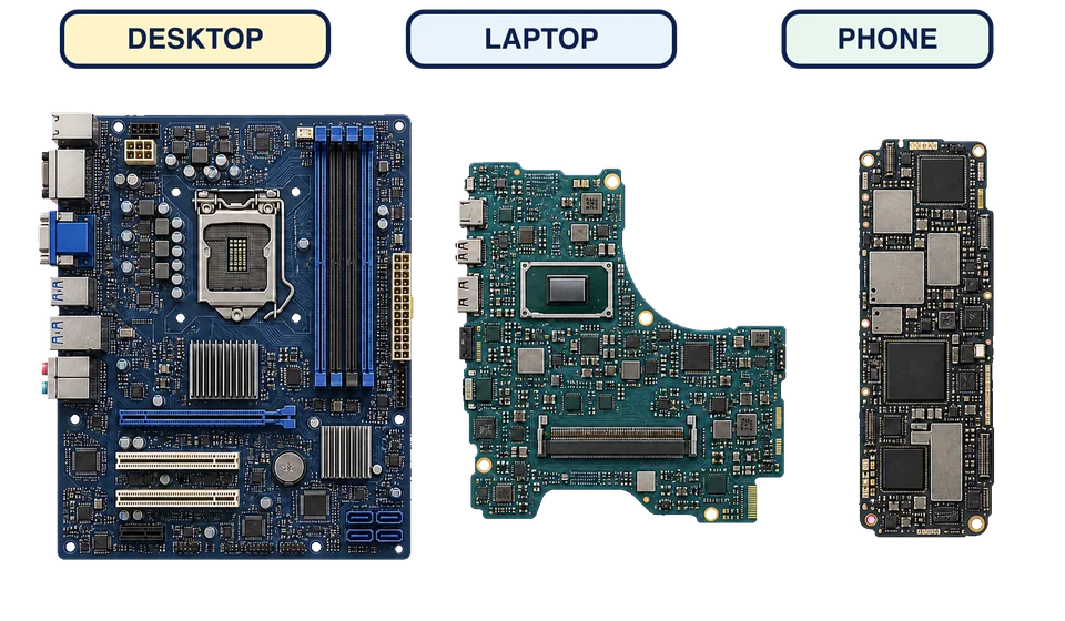 Ein Desktop-Mainboard hat mehr austauschbare Steckplätze, eine Laptop-Platine ist flacher und stärker integriert, und die Hauptplatine eines Smartphones packt Bauteile dicht zusammen.