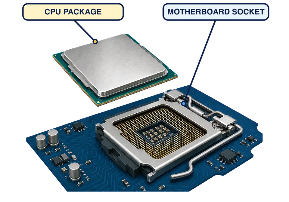 Ein quadratisches CPU-Gehäuse ist über einem passenden Mainboard-Sockel ausgerichtet. So wird sichtbar, wo der physische Prozessor angeschlossen wird.