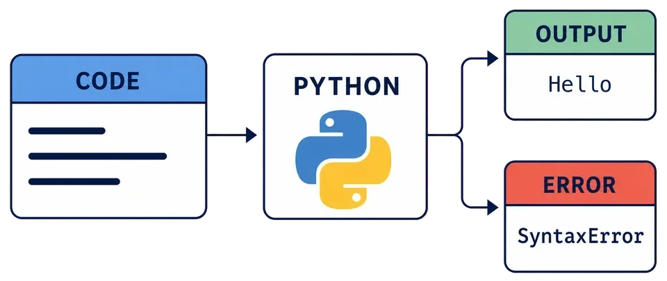 Ein Diagramm zeigt, wie Code von Python verarbeitet wird und entweder eine Ausgabe oder einen SyntaxError erzeugt.