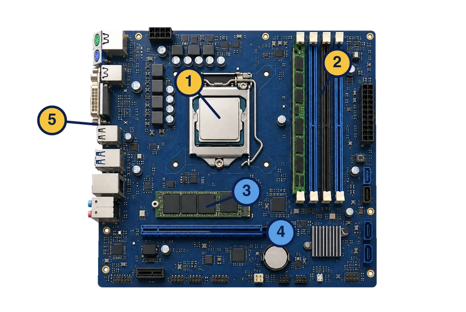 Nummerierte Markierungen auf einem Desktop-Mainboard kennzeichnen CPU und Sockel, RAM-Steckplätze, einen M.2-Speicheranschluss, einen Erweiterungssteckplatz und externe Anschlüsse.