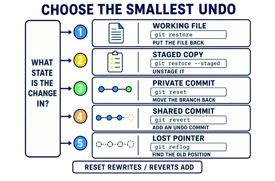 An undo decision map matches working files, staged copies, private commits, shared commits, and lost pointers to git restore, git restore --staged, git reset, git revert, and git reflog.