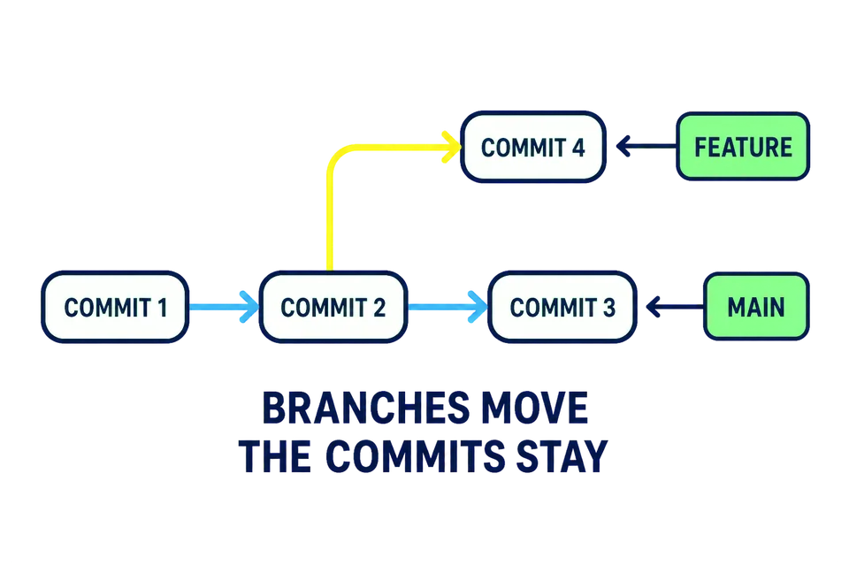 A main line reaches commit 3 while a feature branch starts at commit 2 and reaches commit 4; the MAIN and FEATURE labels point to commits, showing that branches move while commits stay.