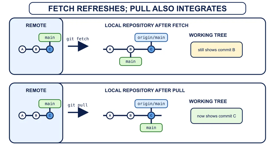 Fetch vernieuwt de lokale registratie origin/main zonder main te verplaatsen; pull fetcht en integreert daarna, waardoor het main en de werkboom kan verplaatsen.